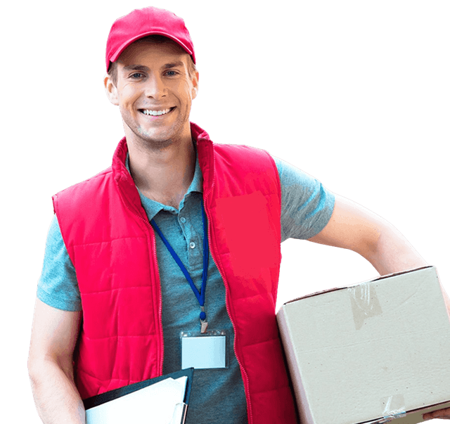 Professional delivery man in red vest holding packages